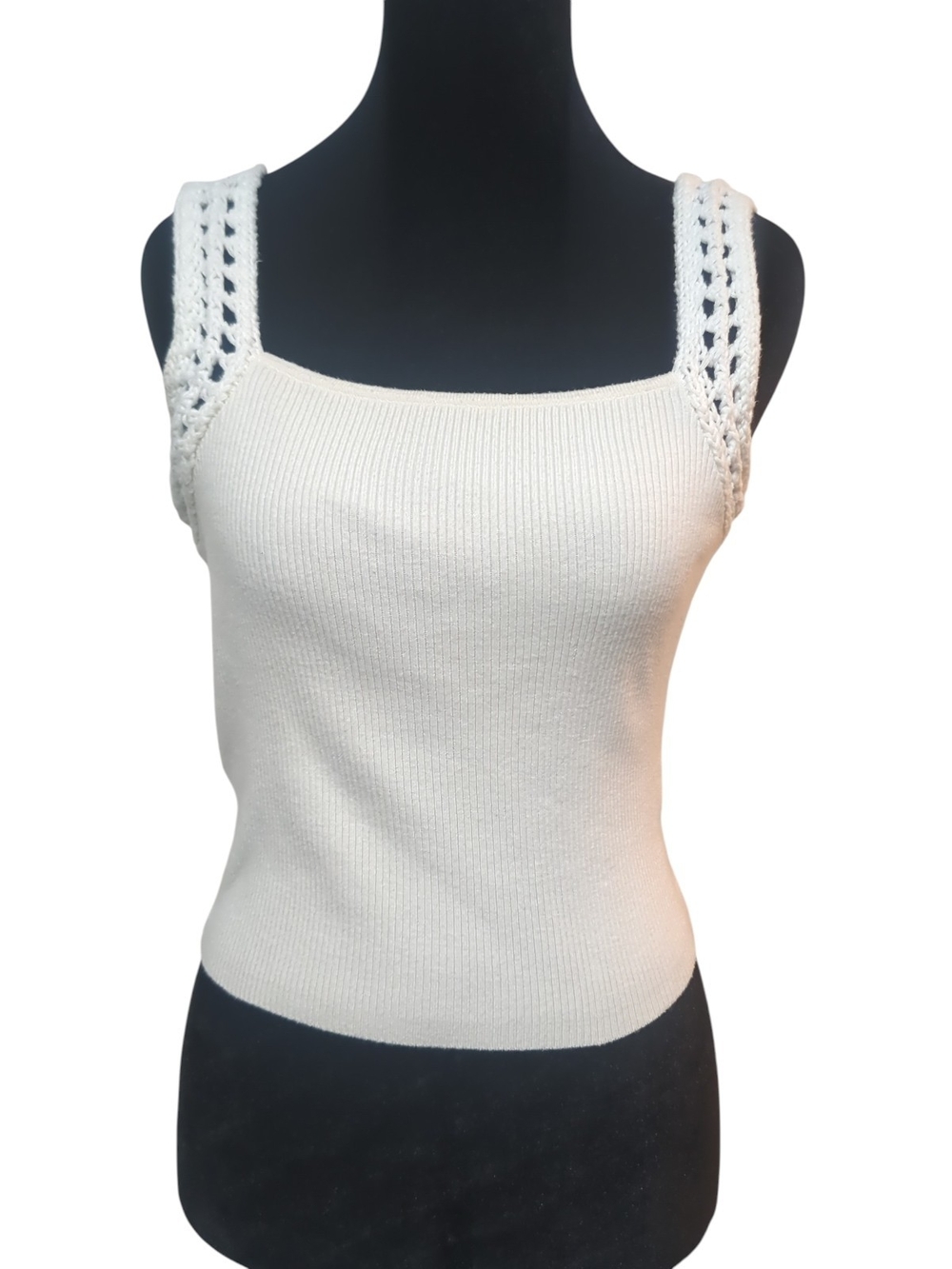 Aerie Ivory Fitted Ribbed Knit Tank Top Crochet Straps Size Small Balletcore